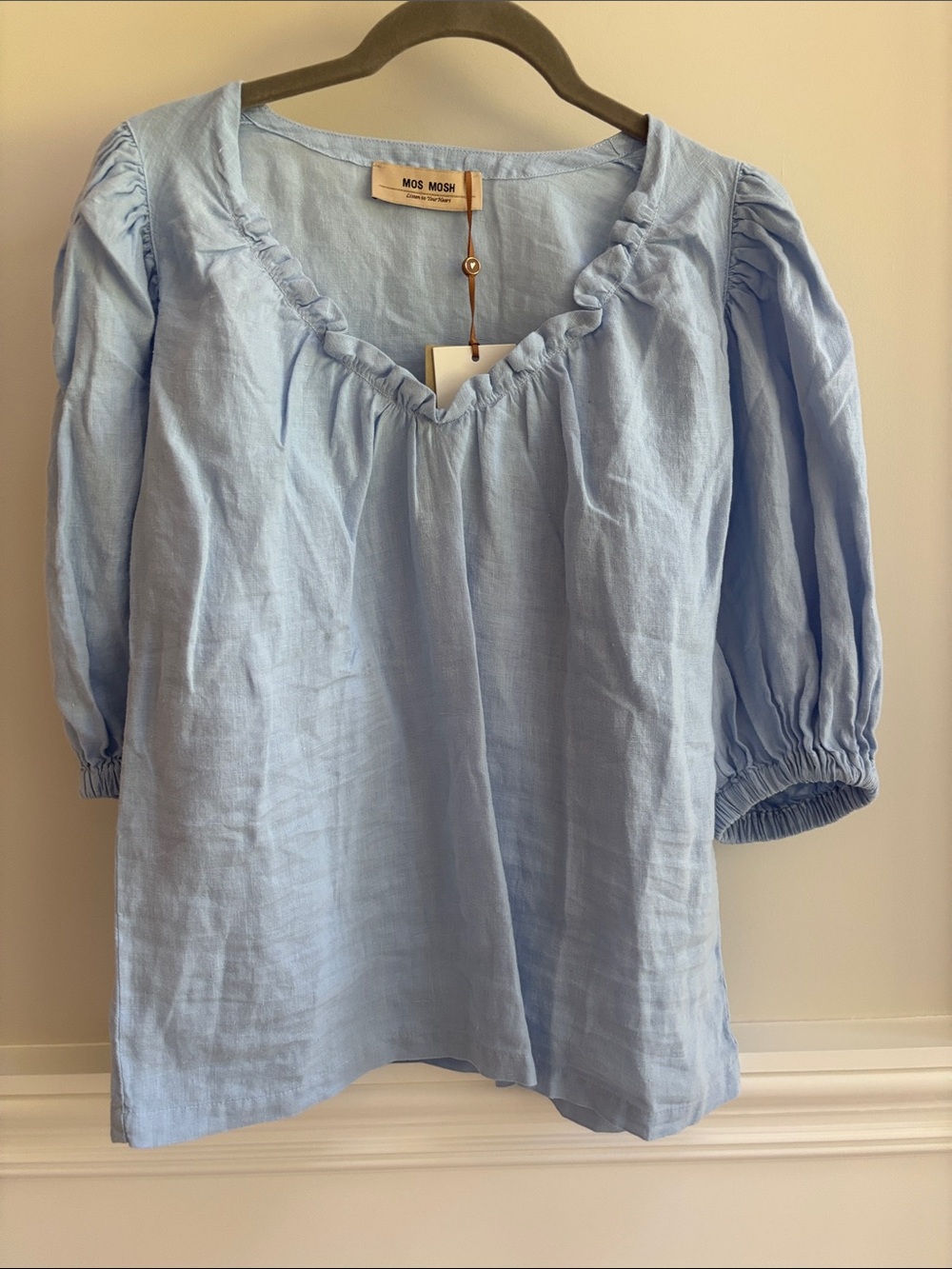 Mosh  Mosh Linen Gathered V Neck Blouse Sz XS